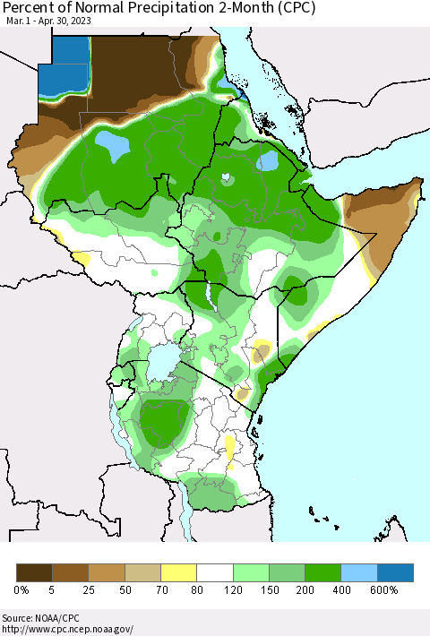 Eastern Africa Percent of Normal Precipitation 2-Month (CPC) Thematic Map For 3/1/2023 - 4/30/2023