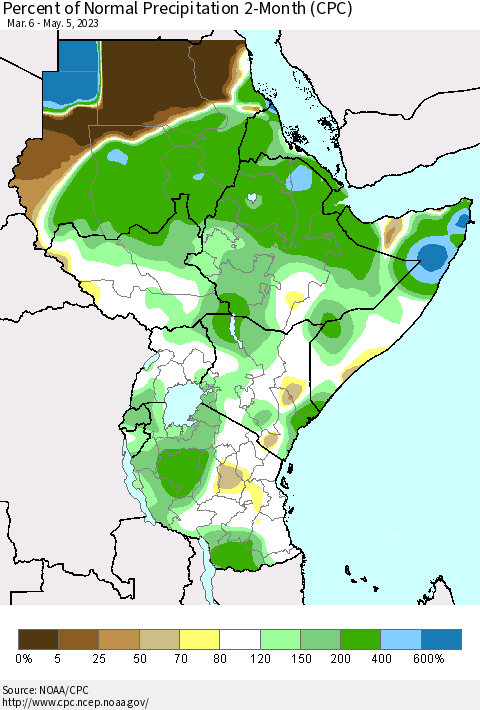 Eastern Africa Percent of Normal Precipitation 2-Month (CPC) Thematic Map For 3/6/2023 - 5/5/2023