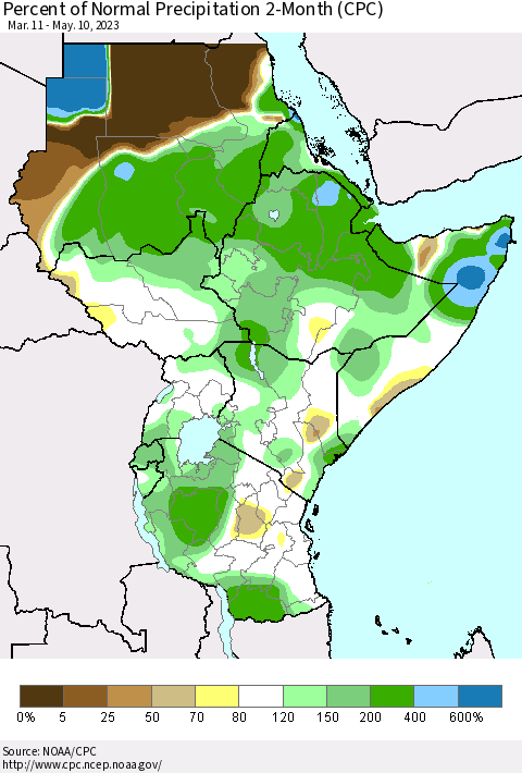 Eastern Africa Percent of Normal Precipitation 2-Month (CPC) Thematic Map For 3/11/2023 - 5/10/2023