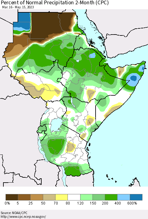 Eastern Africa Percent of Normal Precipitation 2-Month (CPC) Thematic Map For 3/16/2023 - 5/15/2023