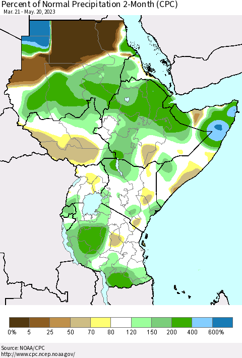 Eastern Africa Percent of Normal Precipitation 2-Month (CPC) Thematic Map For 3/21/2023 - 5/20/2023