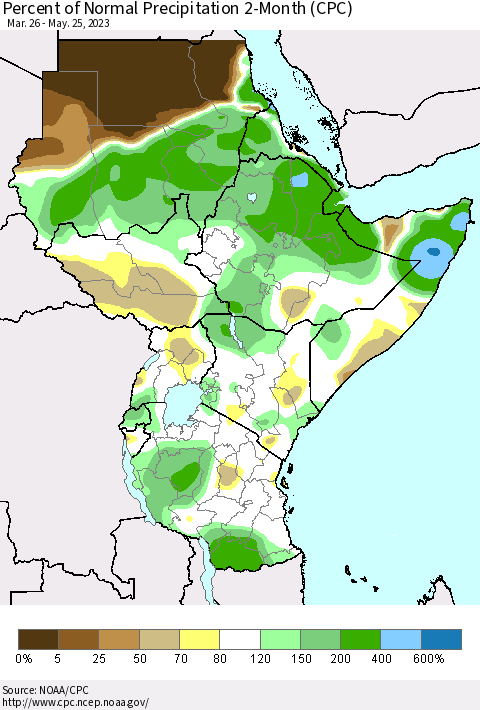 Eastern Africa Percent of Normal Precipitation 2-Month (CPC) Thematic Map For 3/26/2023 - 5/25/2023
