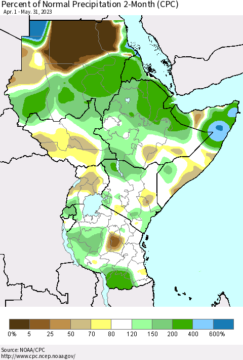 Eastern Africa Percent of Normal Precipitation 2-Month (CPC) Thematic Map For 4/1/2023 - 5/31/2023