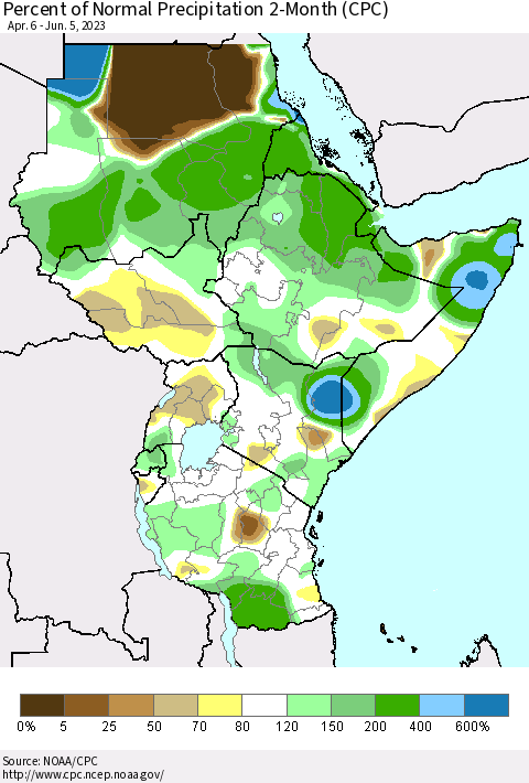 Eastern Africa Percent of Normal Precipitation 2-Month (CPC) Thematic Map For 4/6/2023 - 6/5/2023