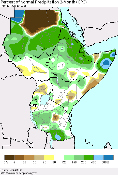 Eastern Africa Percent of Normal Precipitation 2-Month (CPC) Thematic Map For 4/11/2023 - 6/10/2023