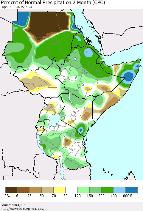 Eastern Africa Percent of Normal Precipitation 2-Month (CPC) Thematic Map For 4/16/2023 - 6/15/2023