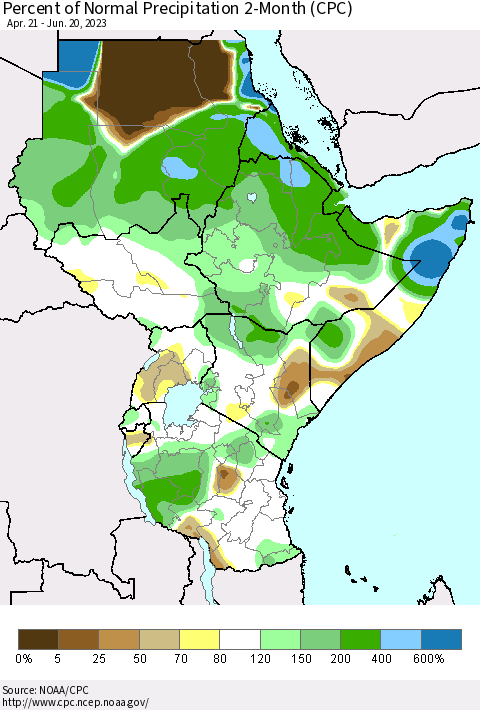 Eastern Africa Percent of Normal Precipitation 2-Month (CPC) Thematic Map For 4/21/2023 - 6/20/2023