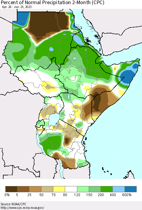 Eastern Africa Percent of Normal Precipitation 2-Month (CPC) Thematic Map For 4/26/2023 - 6/25/2023