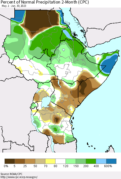 Eastern Africa Percent of Normal Precipitation 2-Month (CPC) Thematic Map For 5/1/2023 - 6/30/2023
