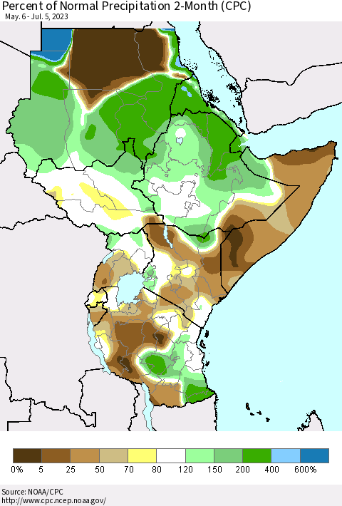 Eastern Africa Percent of Normal Precipitation 2-Month (CPC) Thematic Map For 5/6/2023 - 7/5/2023