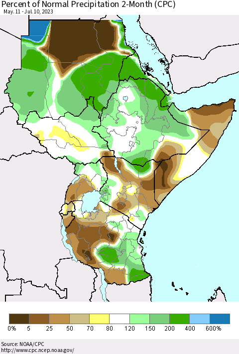 Eastern Africa Percent of Normal Precipitation 2-Month (CPC) Thematic Map For 5/11/2023 - 7/10/2023