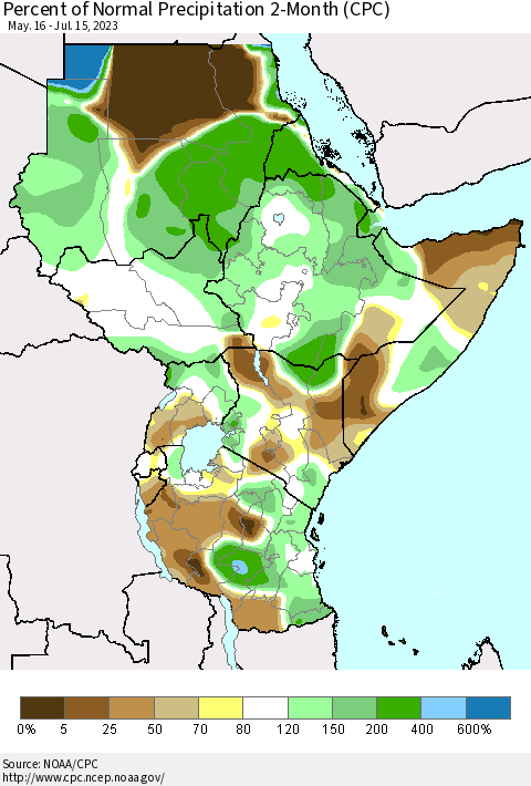 Eastern Africa Percent of Normal Precipitation 2-Month (CPC) Thematic Map For 5/16/2023 - 7/15/2023