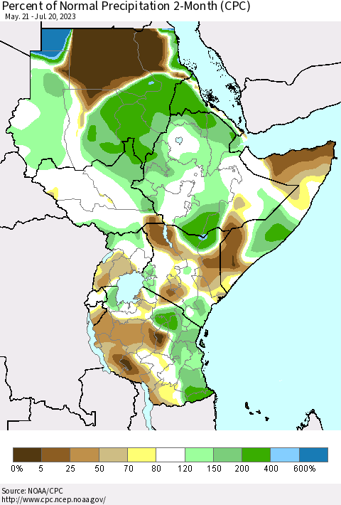 Eastern Africa Percent of Normal Precipitation 2-Month (CPC) Thematic Map For 5/21/2023 - 7/20/2023