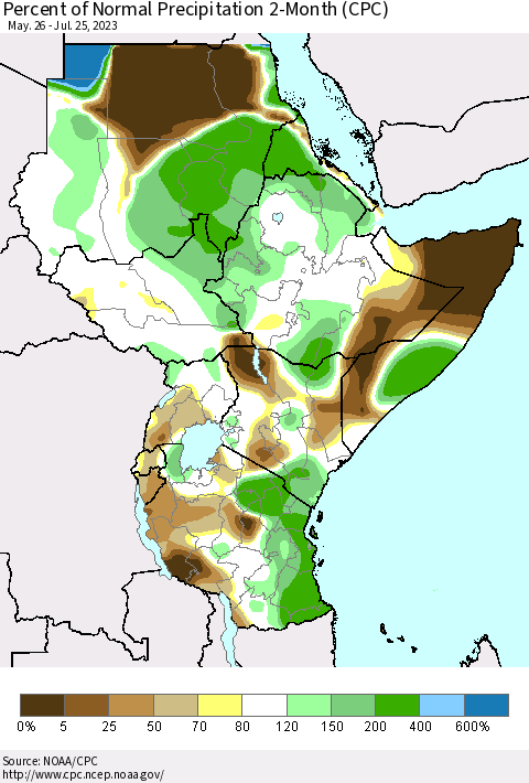 Eastern Africa Percent of Normal Precipitation 2-Month (CPC) Thematic Map For 5/26/2023 - 7/25/2023