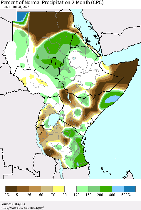 Eastern Africa Percent of Normal Precipitation 2-Month (CPC) Thematic Map For 6/1/2023 - 7/31/2023