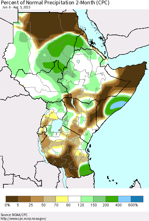 Eastern Africa Percent of Normal Precipitation 2-Month (CPC) Thematic Map For 6/6/2023 - 8/5/2023