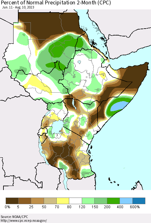 Eastern Africa Percent of Normal Precipitation 2-Month (CPC) Thematic Map For 6/11/2023 - 8/10/2023