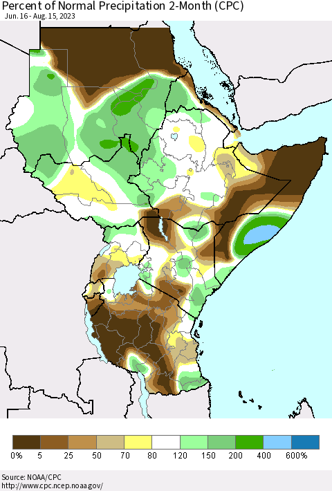 Eastern Africa Percent of Normal Precipitation 2-Month (CPC) Thematic Map For 6/16/2023 - 8/15/2023