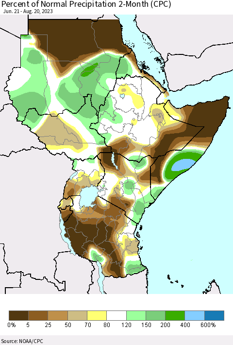 Eastern Africa Percent of Normal Precipitation 2-Month (CPC) Thematic Map For 6/21/2023 - 8/20/2023