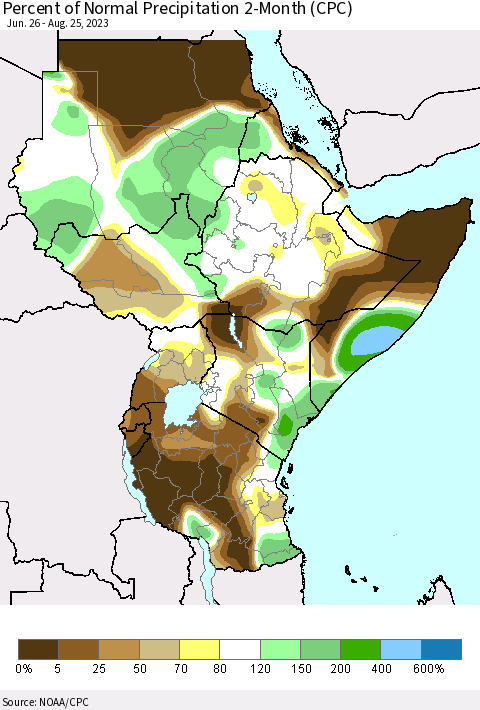 Eastern Africa Percent of Normal Precipitation 2-Month (CPC) Thematic Map For 6/26/2023 - 8/25/2023