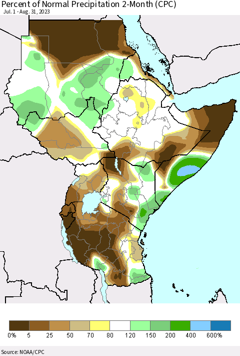 Eastern Africa Percent of Normal Precipitation 2-Month (CPC) Thematic Map For 7/1/2023 - 8/31/2023