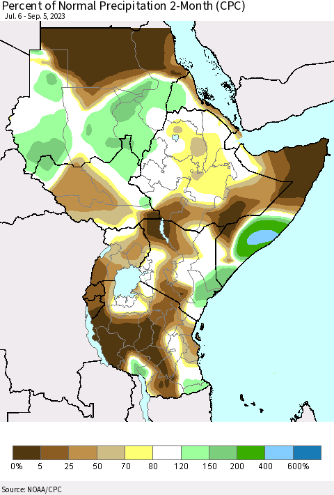 Eastern Africa Percent of Normal Precipitation 2-Month (CPC) Thematic Map For 7/6/2023 - 9/5/2023