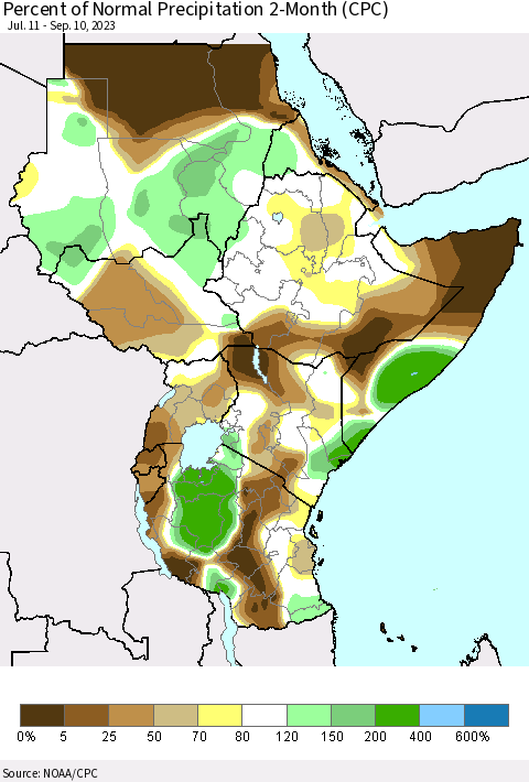 Eastern Africa Percent of Normal Precipitation 2-Month (CPC) Thematic Map For 7/11/2023 - 9/10/2023