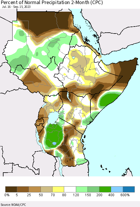 Eastern Africa Percent of Normal Precipitation 2-Month (CPC) Thematic Map For 7/16/2023 - 9/15/2023