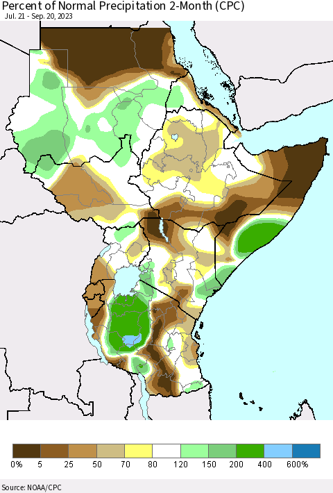 Eastern Africa Percent of Normal Precipitation 2-Month (CPC) Thematic Map For 7/21/2023 - 9/20/2023