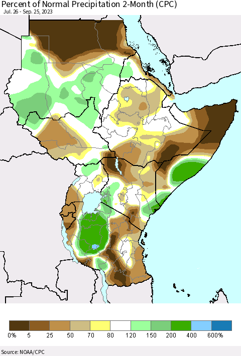 Eastern Africa Percent of Normal Precipitation 2-Month (CPC) Thematic Map For 7/26/2023 - 9/25/2023