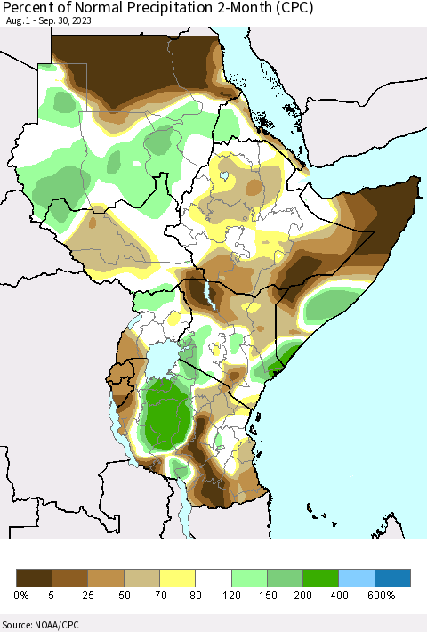 Eastern Africa Percent of Normal Precipitation 2-Month (CPC) Thematic Map For 8/1/2023 - 9/30/2023