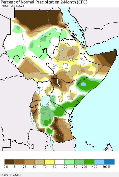 Eastern Africa Percent of Normal Precipitation 2-Month (CPC) Thematic Map For 8/6/2023 - 10/5/2023