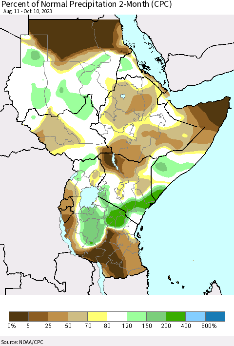 Eastern Africa Percent of Normal Precipitation 2-Month (CPC) Thematic Map For 8/11/2023 - 10/10/2023