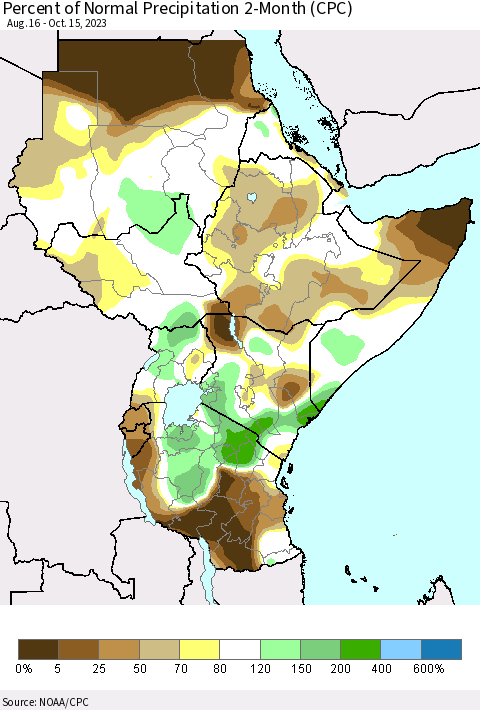 Eastern Africa Percent of Normal Precipitation 2-Month (CPC) Thematic Map For 8/16/2023 - 10/15/2023