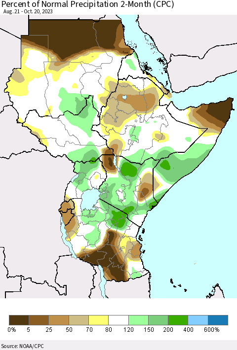 Eastern Africa Percent of Normal Precipitation 2-Month (CPC) Thematic Map For 8/21/2023 - 10/20/2023