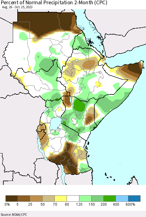 Eastern Africa Percent of Normal Precipitation 2-Month (CPC) Thematic Map For 8/26/2023 - 10/25/2023