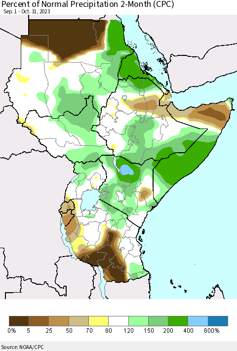 Eastern Africa Percent of Normal Precipitation 2-Month (CPC) Thematic Map For 9/1/2023 - 10/31/2023