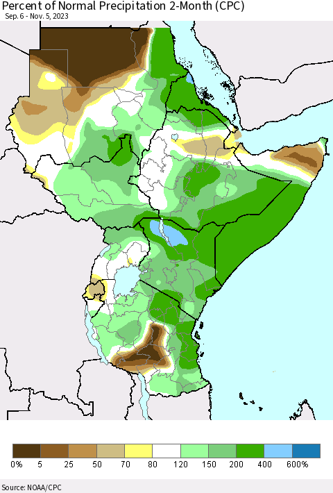 Eastern Africa Percent of Normal Precipitation 2-Month (CPC) Thematic Map For 9/6/2023 - 11/5/2023