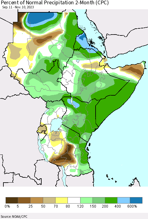 Eastern Africa Percent of Normal Precipitation 2-Month (CPC) Thematic Map For 9/11/2023 - 11/10/2023