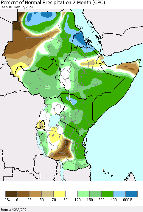 Eastern Africa Percent of Normal Precipitation 2-Month (CPC) Thematic Map For 9/16/2023 - 11/15/2023