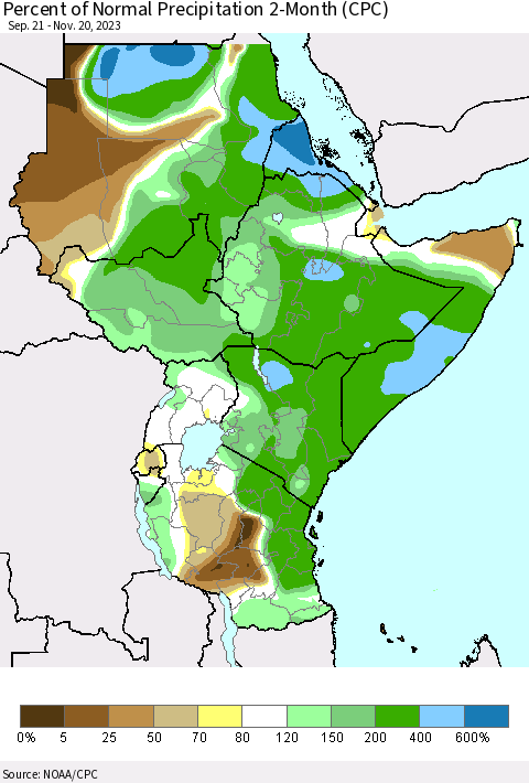 Eastern Africa Percent of Normal Precipitation 2-Month (CPC) Thematic Map For 9/21/2023 - 11/20/2023