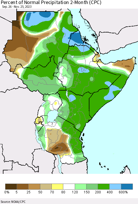 Eastern Africa Percent of Normal Precipitation 2-Month (CPC) Thematic Map For 9/26/2023 - 11/25/2023