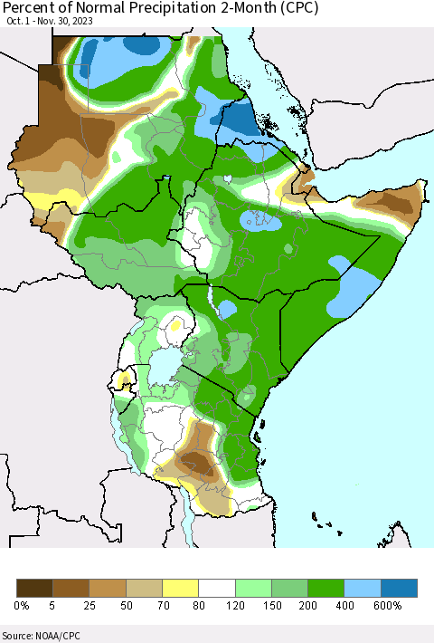 Eastern Africa Percent of Normal Precipitation 2-Month (CPC) Thematic Map For 10/1/2023 - 11/30/2023