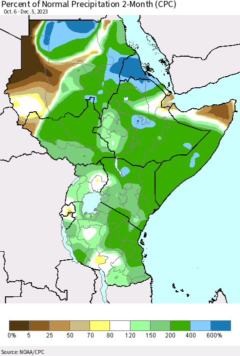Eastern Africa Percent of Normal Precipitation 2-Month (CPC) Thematic Map For 10/6/2023 - 12/5/2023