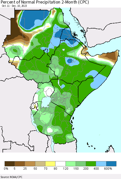Eastern Africa Percent of Normal Precipitation 2-Month (CPC) Thematic Map For 10/11/2023 - 12/10/2023