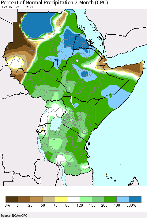 Eastern Africa Percent of Normal Precipitation 2-Month (CPC) Thematic Map For 10/16/2023 - 12/15/2023