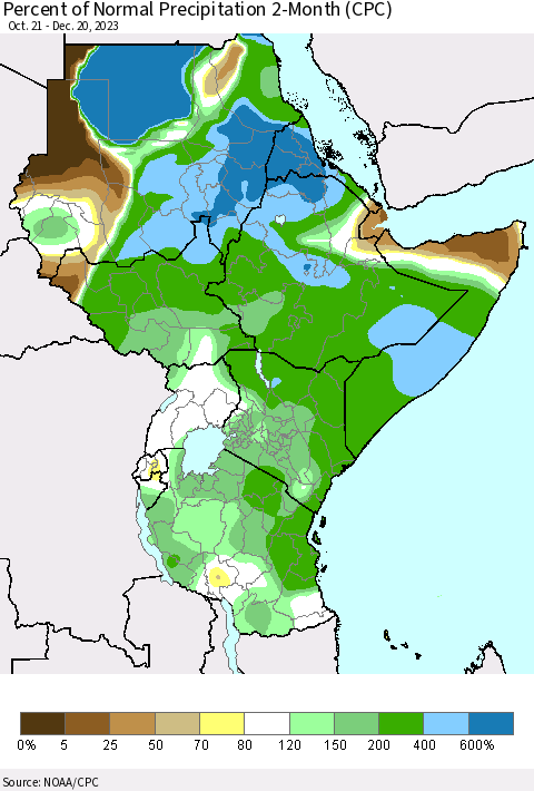 Eastern Africa Percent of Normal Precipitation 2-Month (CPC) Thematic Map For 10/21/2023 - 12/20/2023