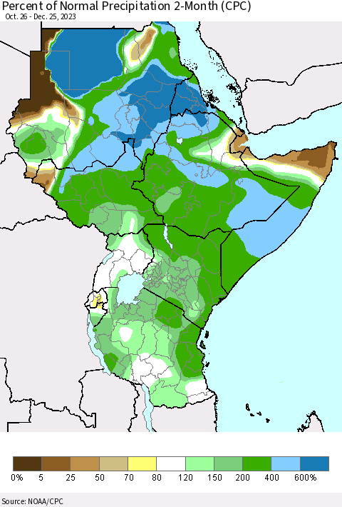 Eastern Africa Percent of Normal Precipitation 2-Month (CPC) Thematic Map For 10/26/2023 - 12/25/2023