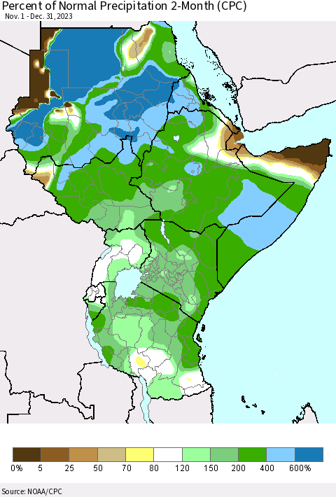 Eastern Africa Percent of Normal Precipitation 2-Month (CPC) Thematic Map For 11/1/2023 - 12/31/2023