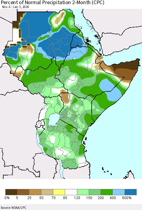 Eastern Africa Percent of Normal Precipitation 2-Month (CPC) Thematic Map For 11/6/2023 - 1/5/2024